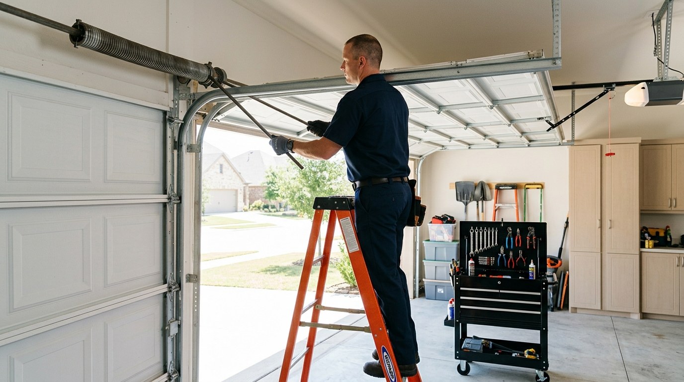 Garage Door Frisco technician adjusting a torsion spring in a Frisco home garage