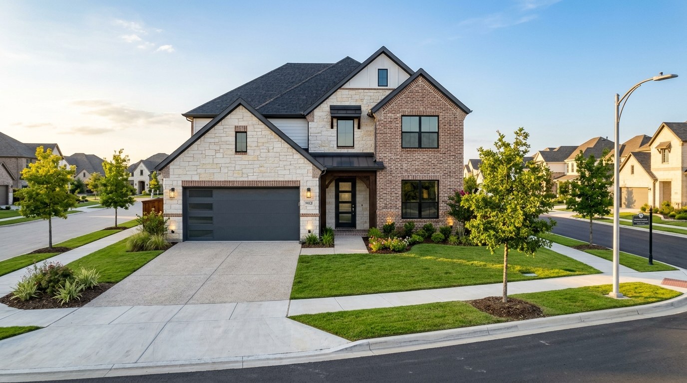 Brick and stone home with a modern flush-panel garage door
